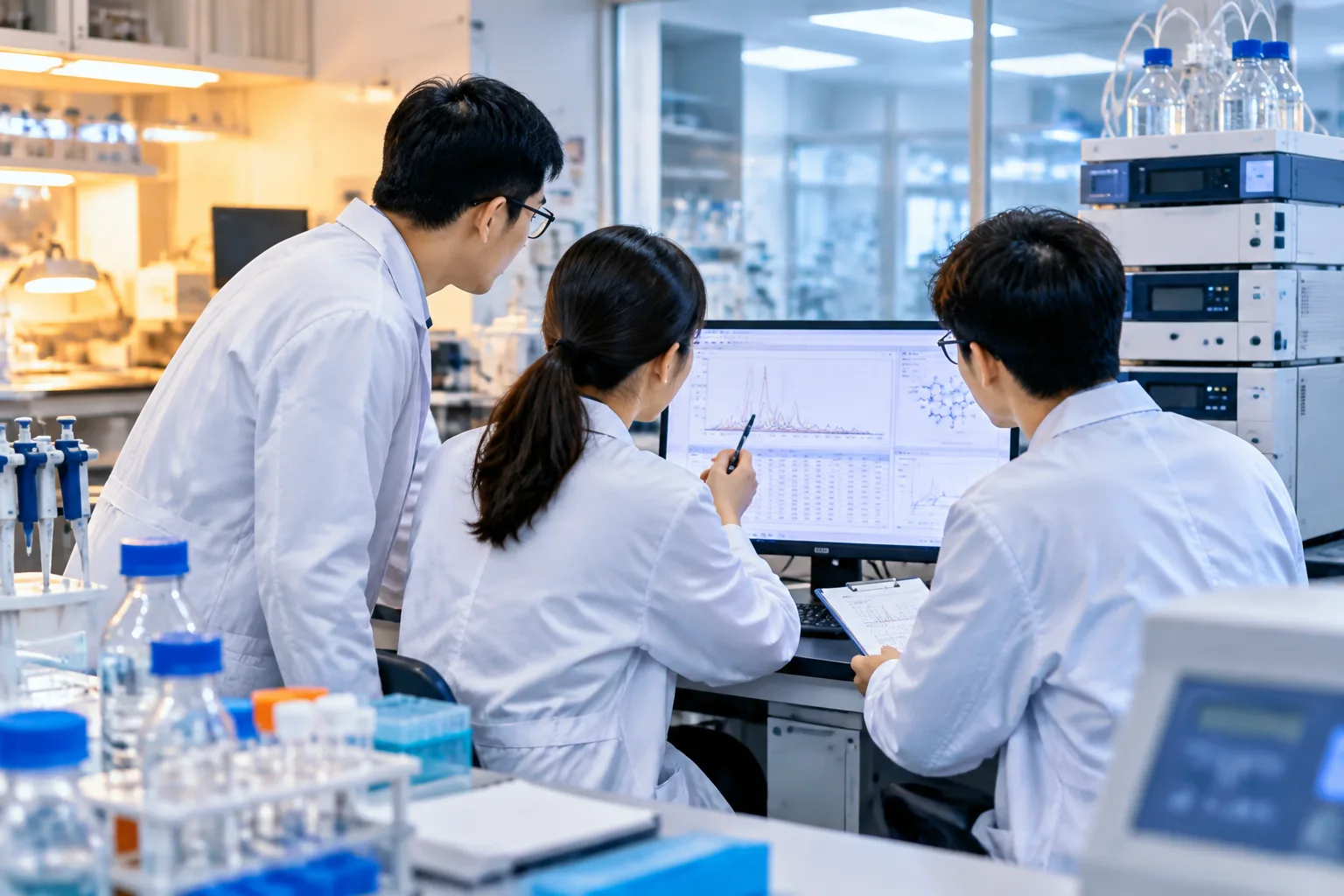 上海艾康睿医药科技研发团队在实验室讨论实验数据